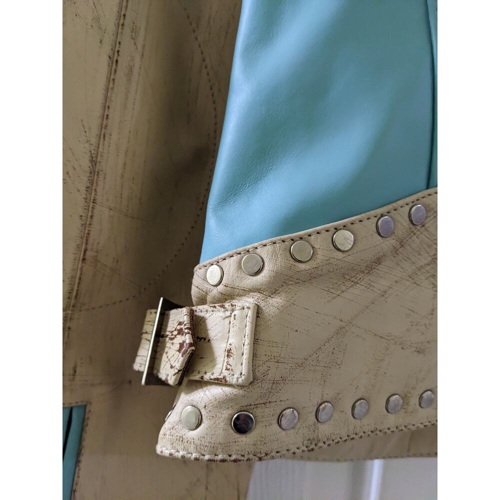 Wilson's RARE Vintage Aqua Leather Maxima Star Distressed Jacket Size L Large - Picture 5 of 11